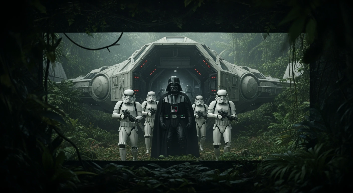 cinematic still, Closeup shot, amazon jungle, frame within a frame), Darth Vader around stormtroopers coming out from starship on ground, they are exploring the jungle, inspired by StarWars movie, captured by arri alexa emoji