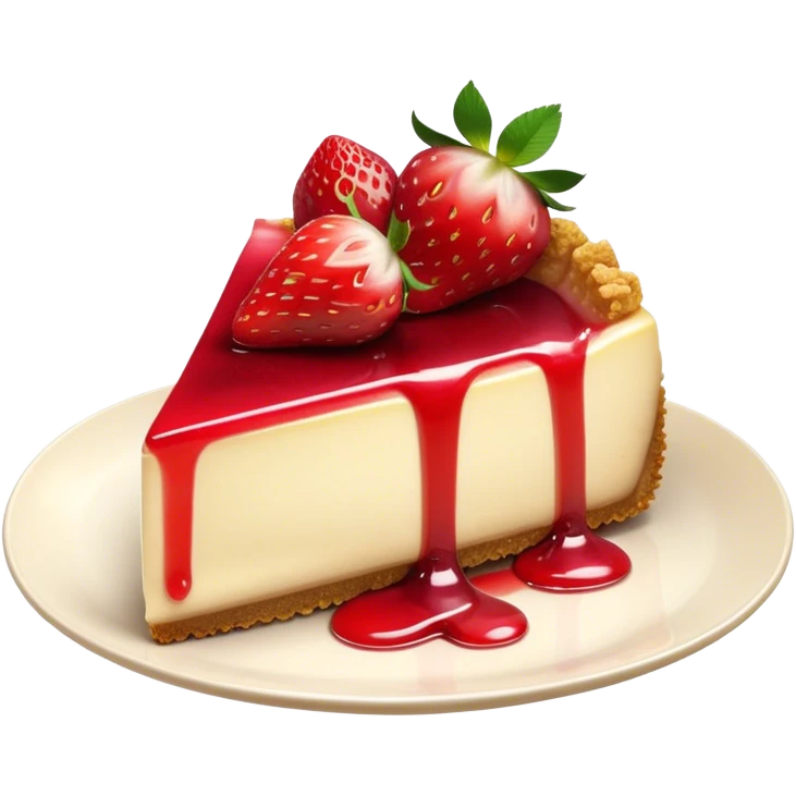 Cinematic creamy cheesecake, smooth and velvety, topped with fresh strawberries and a glossy fruit glaze, golden crumbly crust, beautifully plated, soft glowing background, indulgent and elegant. emoji
