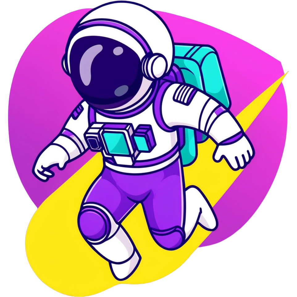 Stylized futuristic astronaut in mid-flight pose, sleek purple and neon teal suit, flat vector design, heroic silhouette, dynamic diagonal motion lines emoji