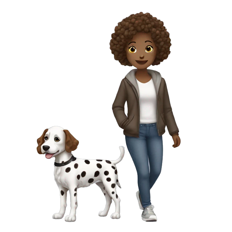 White girl with brown curly hair is walking dalmatian dog  emoji