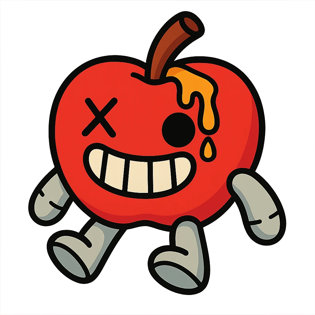 plush apple character with soft light grey limbs, left eye replaced by stitched X, golden ichor oozing from stem, wide toothy grin, no leaf emoji
