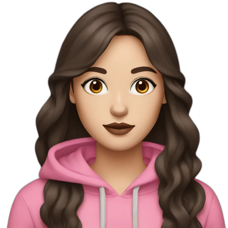 White women with long dark brown hair with curtain bangs and long eyelashes dark brown eyes and pink cheeks with pink lips and thick dark brown eyebrows wearing a black hoody emoji