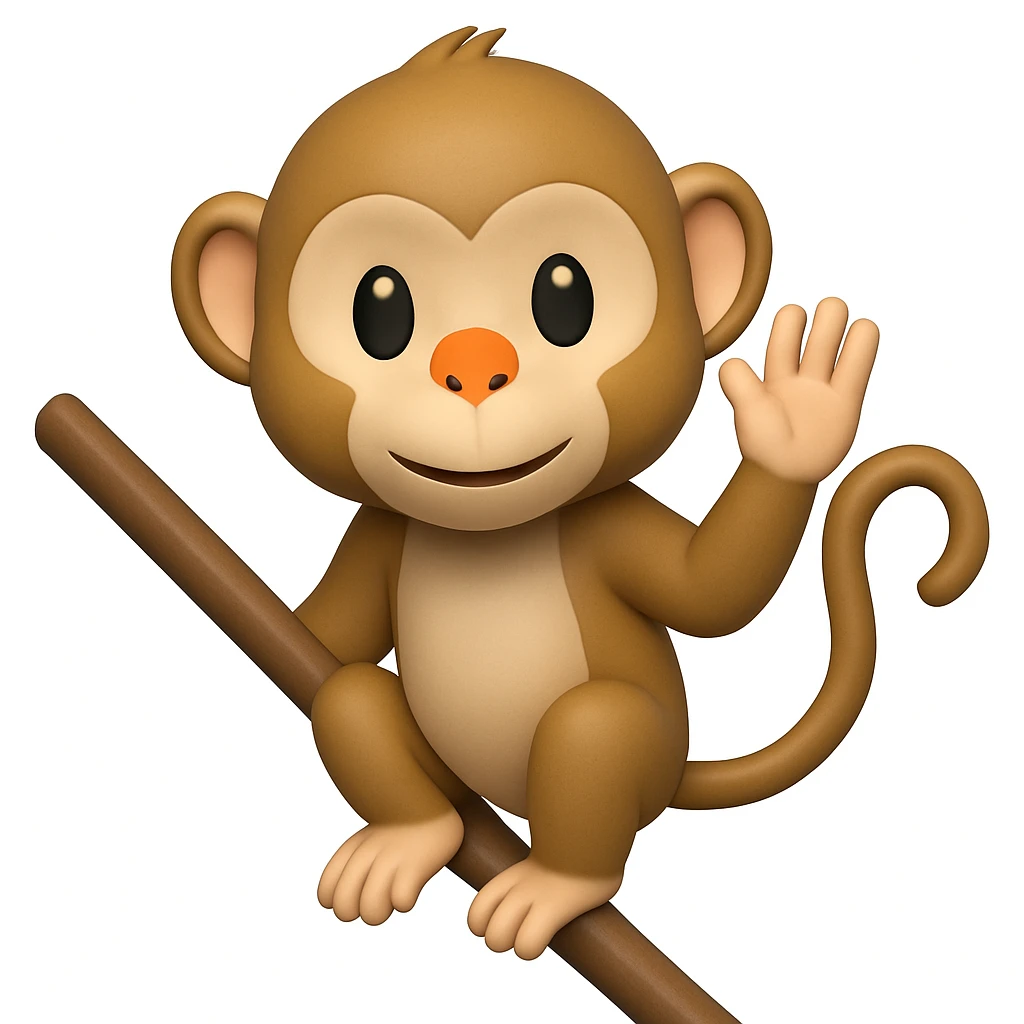 Make the monkey look more normal, with both legs on the angled stick and hands not touching the stick, in the style of emoji (apple style emojis). emoji