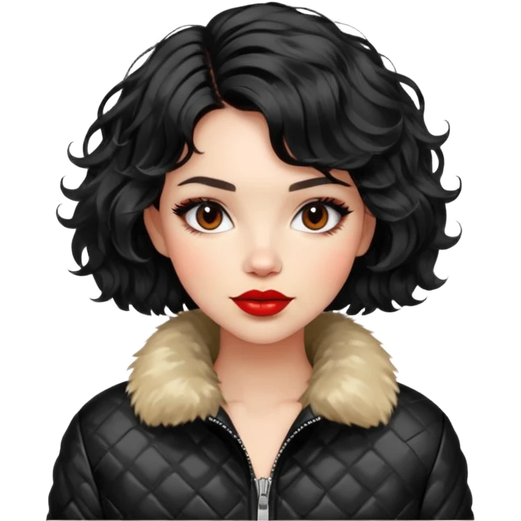 Alluring 1970's French girl french shiny black wavy textured bob haircut tousled hair red lips wearing furry jacket emoji