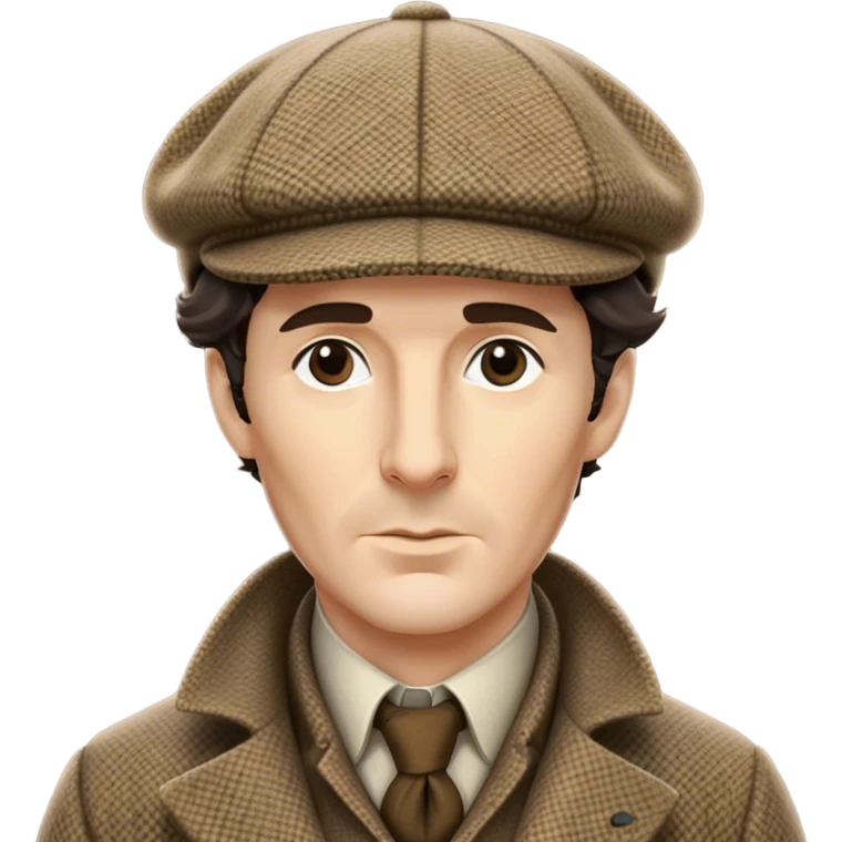 sherlock holmes, wearing a deerstalker hat with the fabric is often tweed, which features a subtle checkered or herringbone pattern with darker and lighter threads woven together, creating texture and depth.  emoji