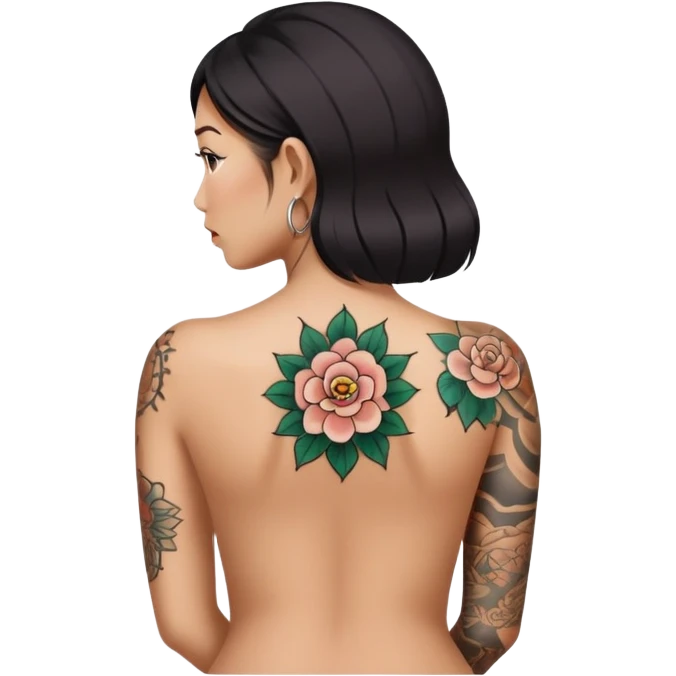 Tattoos beautiful and fit Asian woman back view stockings emoji