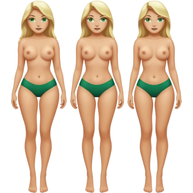 Blonde, green eyed woman with long  hair. She is curvy with a big butt and small breast. She is completely nude and full body exposed. She has nice long legs. She is doing sexy poses  emoji