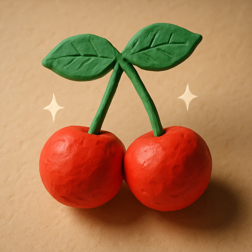two cherries with green leaves, connected by stems, claymation style, visible texture, handcrafted look, sparkle effect around the cherries emoji