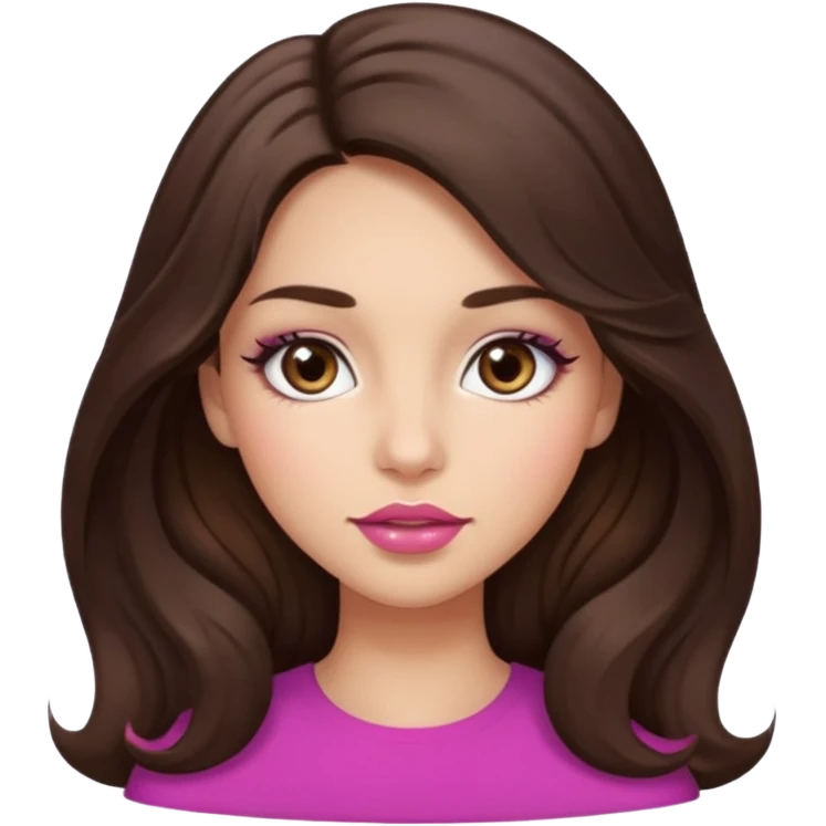 girl with wavy long dark brown hair, brown eyes, light to medium complexion, long lashes, almond shaped eyes, link lipstick emoji