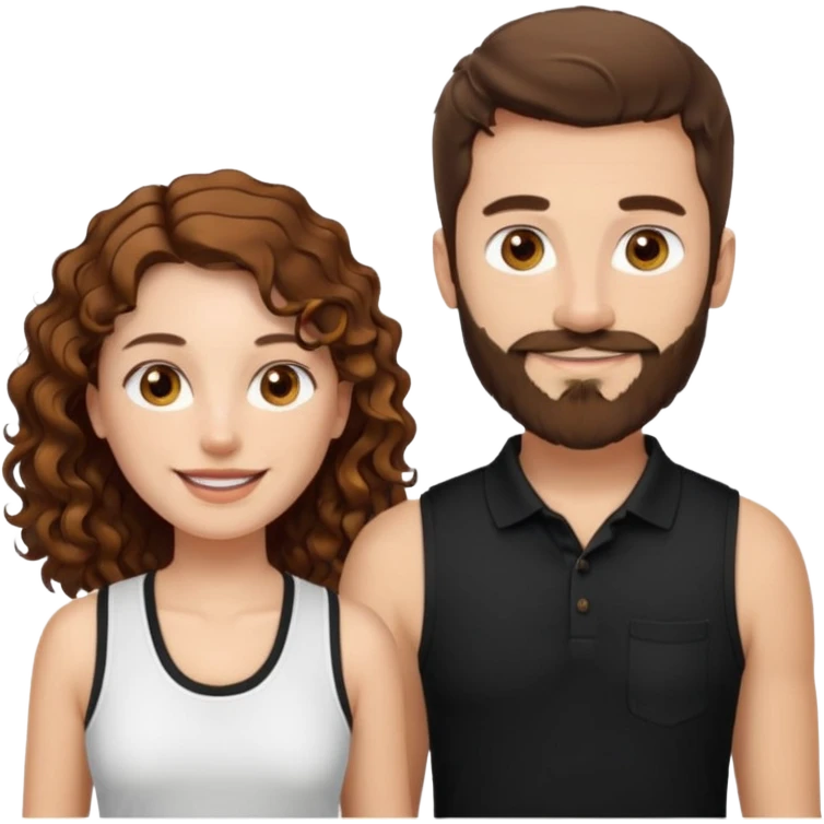 Criar Casal - Homem branco de cabelo liso e olhos marrom, com barba, usando camisa polo preta e mulher de pele branca cabelo cacheado marrom longo e olhos mel, usando uma regata branca, quero ela sorrindo emoji