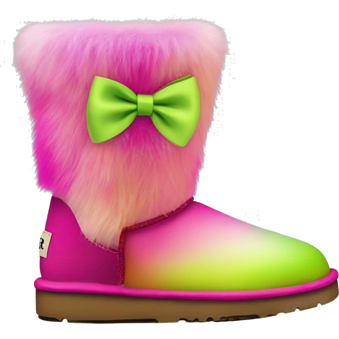 Realistic pair of hot pink to lime green ombre fur Ugg boots with silk ribbon bows. emoji