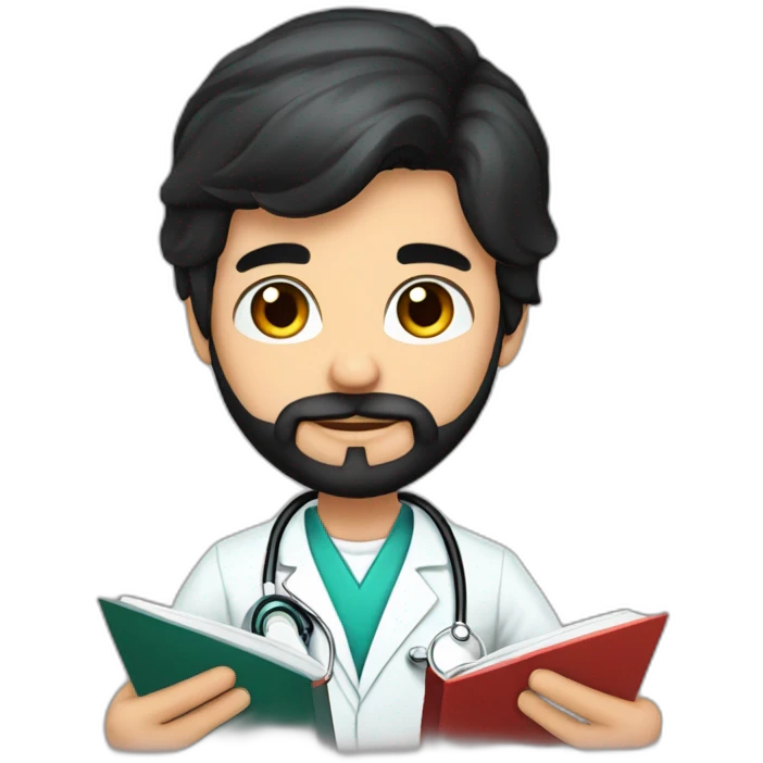 young spanish surgeon with black hair, black beard and stethoscope,reading a book emoji