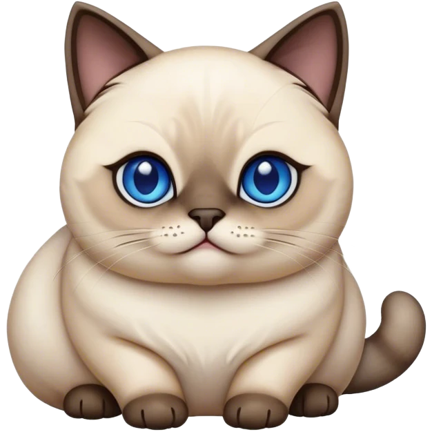 Cinematic Cute Chubby Siamese Cat Portrait Emoji, Round and plump body, soft cream-colored fur with rich dark points on the ears, face, paws, and tail, big, sparkling sapphire-blue eyes, Simplified yet irresistibly adorable features, highly detailed, glowing with a warm, cozy glow, high shine, curious yet calm, stylized with a touch of whimsy, bright and endearing, soft glowing outline, capturing the essence of a mischievous yet lazy and loveable kitty, so cuddly it feels like it could waddle right out of the screen for a snuggle! emoji