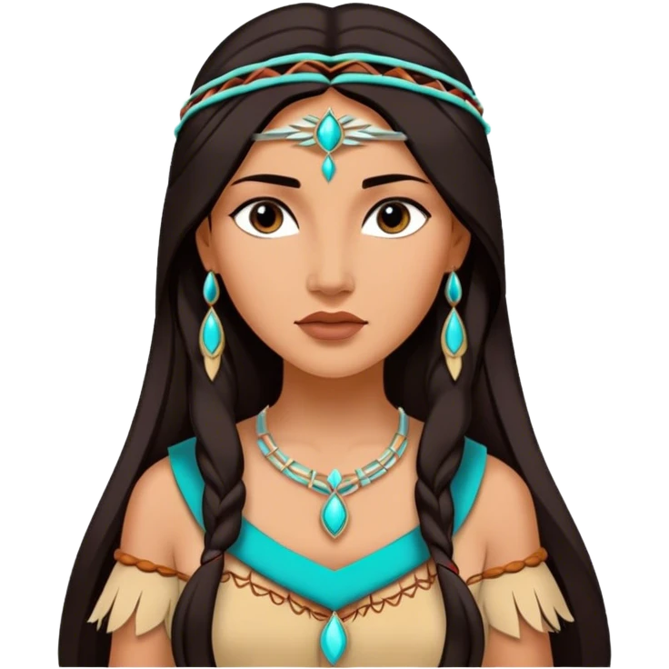 Cinematic Realistic Elegant Pocahontas Portrait, depicted with sun-kissed, warm skin rendered in lifelike detail and soft, natural lighting that accentuates its gentle glow. Her long, flowing dark hair is intricately detailed with natural movement, and her wise, expressive eyes shine with a deep, serene intensity. She is dressed in traditional attire with rich earthy tones and subtle turquoise accents, each fabric fold and texture rendered authentically. The portrait exudes a natural radiance that captures the timeless, indigenous beauty of Pocahontas with depth and authenticity. emoji