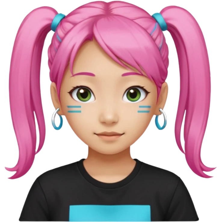 a girl wearing a black t shirt with cyan letters'mira', brave and smart face, narrow eyes, korean girl, small grin,half up half down look with two diagonal pigtails, long pink hair emoji