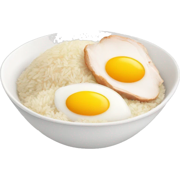 a bowl of rice with two eggs and chicken thigh upright emoji