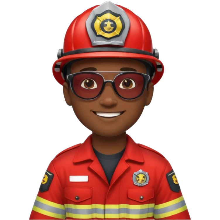 Young, male, dark skin, wearing sunglasses, firefighter uniform, happy emoji