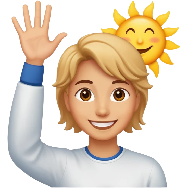 a person waving and saying good morning, sun rising in background, cheerful and friendly emoji