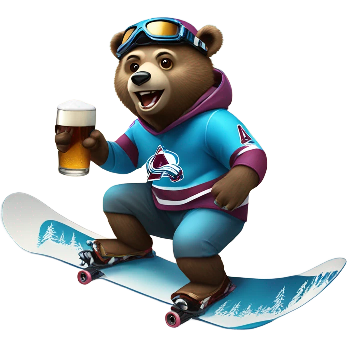 snowboard bear with helmet and goggles in colorado avalanche jersey doing insane tricks while holding a beer emoji