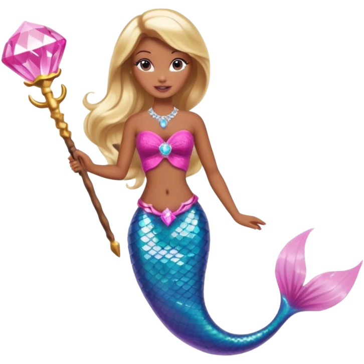 Brown skin blonde hair barbie mermaid with pink diamond tail and wand  emoji