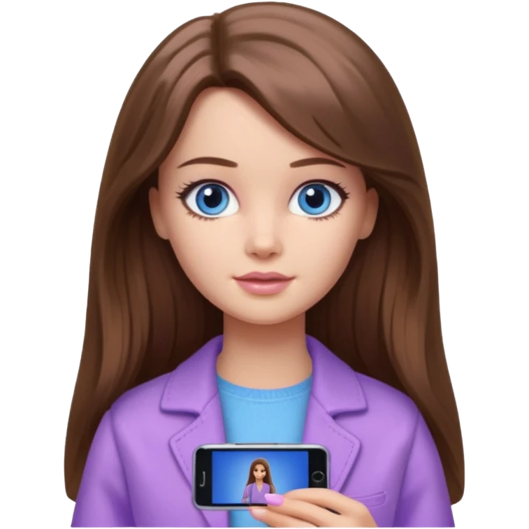 beautiful barbie girl with long brown hair, blue eyes and wearing light purple clothes watching stranger things on tv emoji