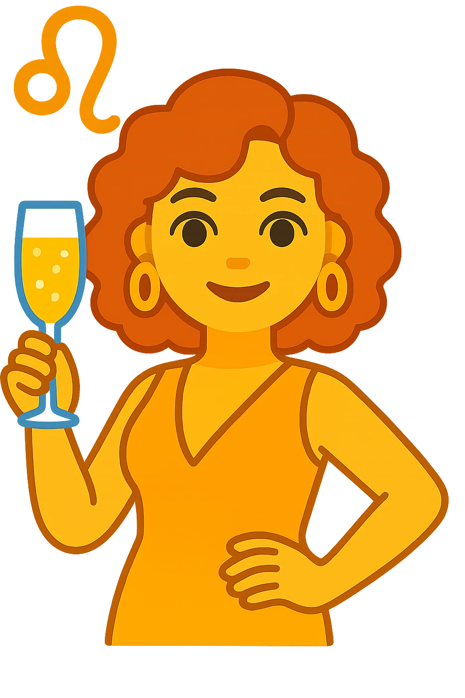 Create a simple and bold illustration of a Leo woman with a glass of champagne in the style of apple emojis. The woman should have a round face, big eyes, and minimal details. The background should be transparent. emoji