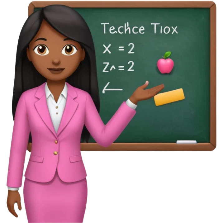 a brown skin teacher with hair with black straight long hair wearing pink not hot pink 2 piece set teaching up on a board emoji