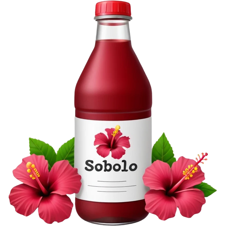 sobolo emoji (Ghanaian frink) in a plastic bottle and make the juice dark red  but a hibiscus on it and  write sobolo on it no hibiscus behind it on the label instead emoji
