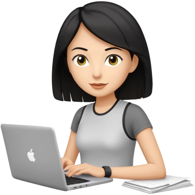 short white lady with black shoulder length hair who is a runner, used to be a teacher, and works remotely through a laptop as a documents engineering manager and is a vegan. emoji