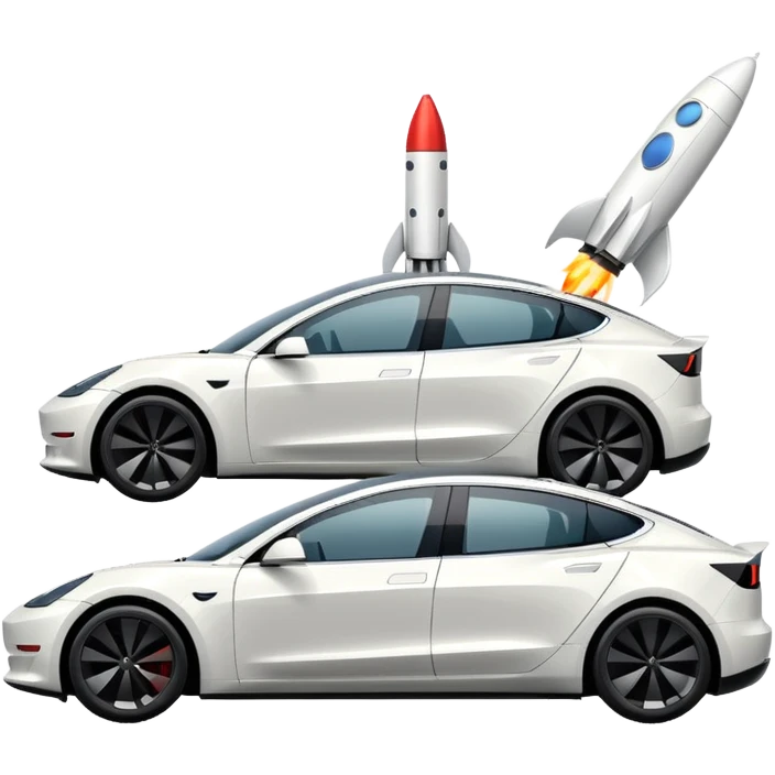 Tesla model 3 white. Two small rockets mounted flat on roof emoji