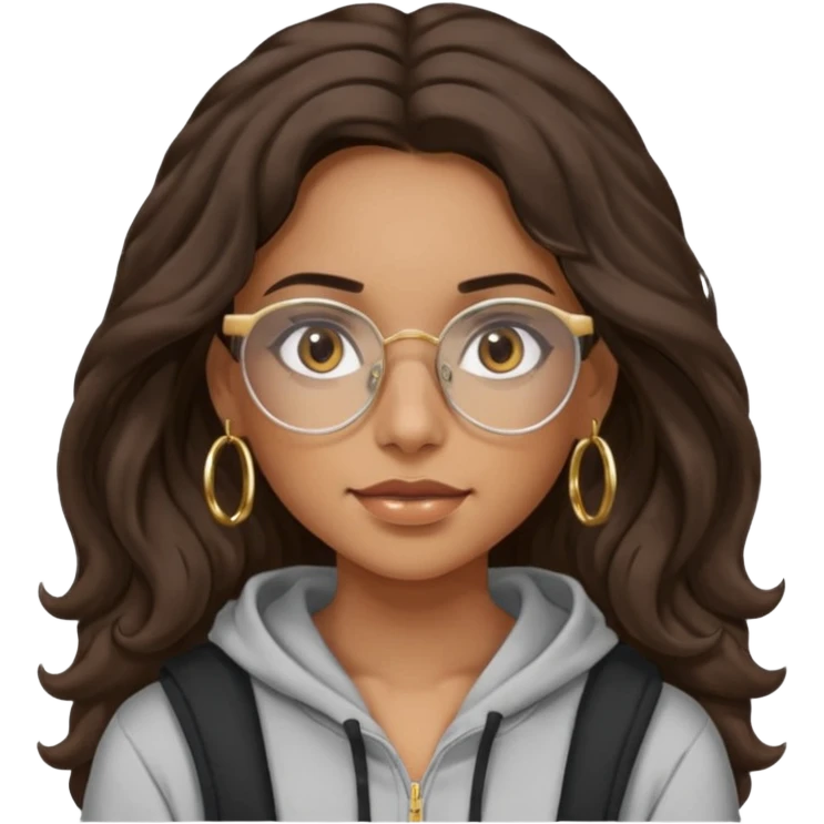 Make a girl with dark brown wavy hair and brown eyes she's tan latina and she has clear glasses and small hold hoop earings make her hair longer and her a hoodie emoji