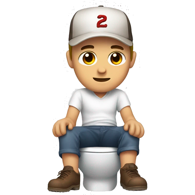White man with brown eyes wearing a backwards baseball hat sitting on the toilet emoji