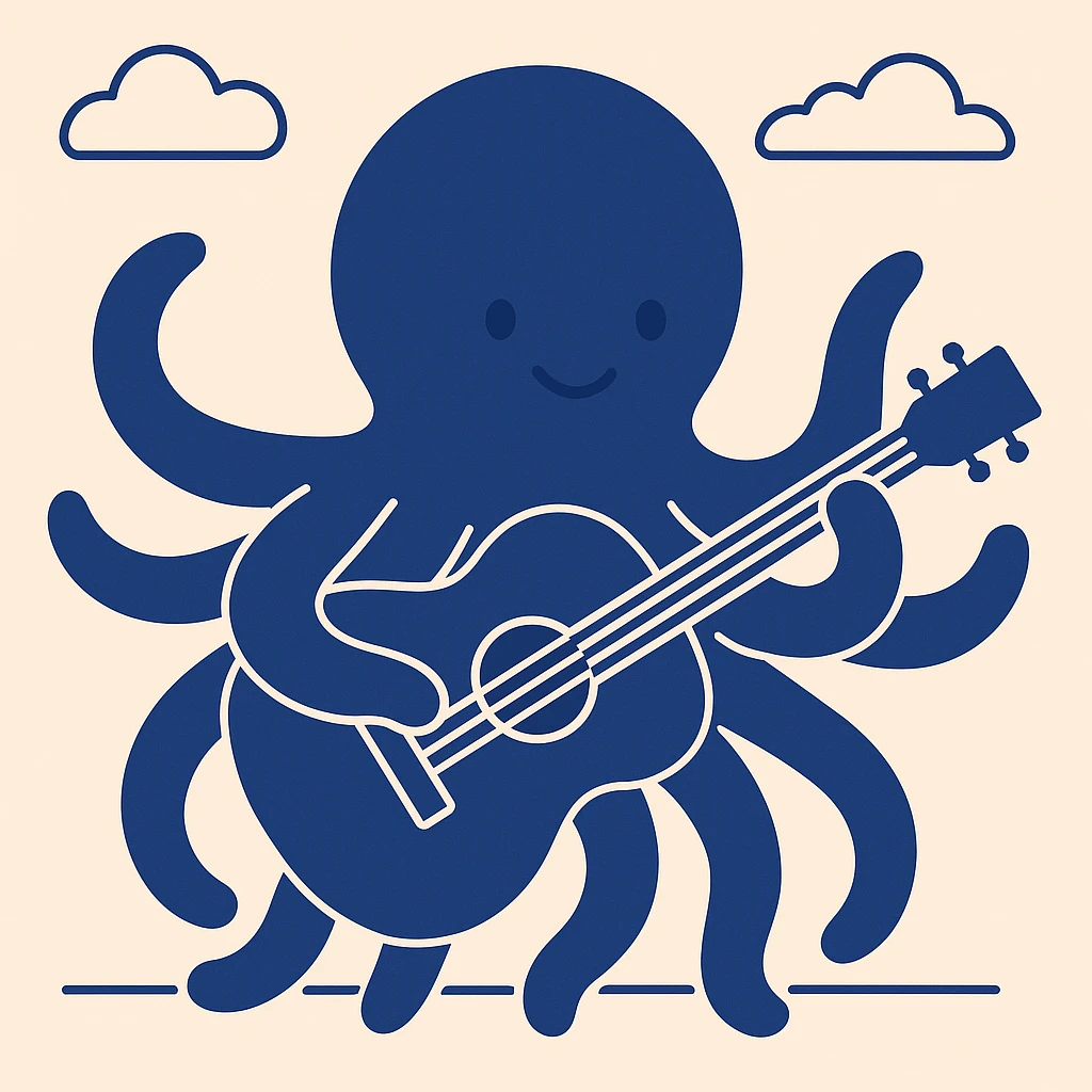 happy octopus with multiple arms playing guitar emoji