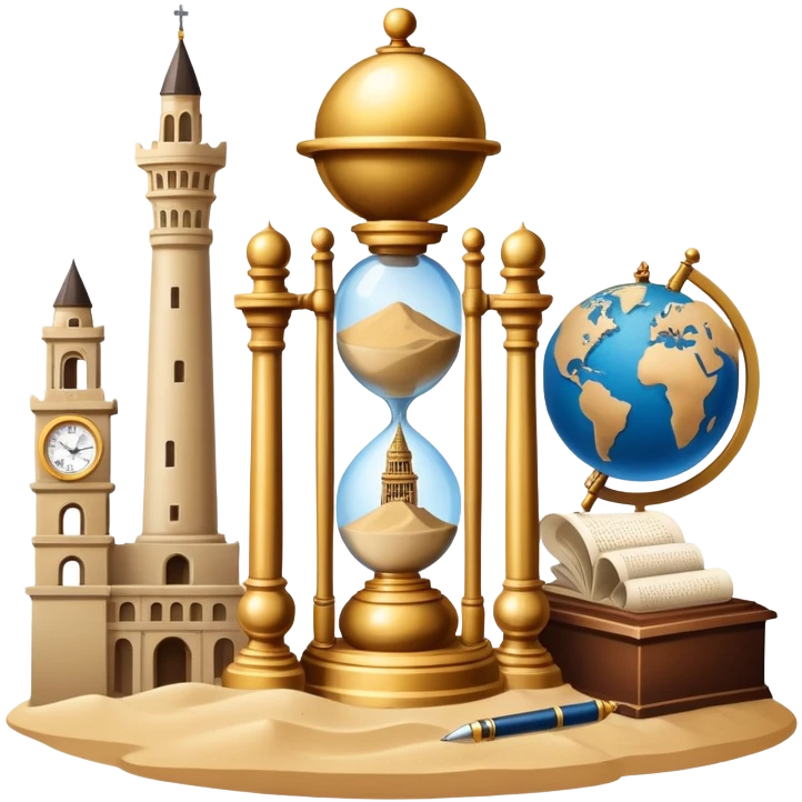icon featuring ancient scrolls, quill pen, and a globe, with famous historical landmarks and monuments in the background. Large, antique sand clocks with sand pouring out represent the passage of time. Historical figures are depicted as statues. Transparent background. emoji