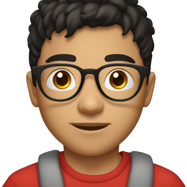 young boy, white, short black hair, brown eyes. He wears black prescription glasses and only a small silver hoop earring in his right ear. Wear a red t-shirt emoji