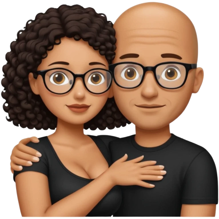 A picture of an embracing tanned couple. the man is a Mexican man with tanned skin, with a bald hair cut, short beard and wearing a black shirt. the woman is short with long curly dark brown hair and with big boobs. Put glasses on the woman only. No glasses on the man emoji