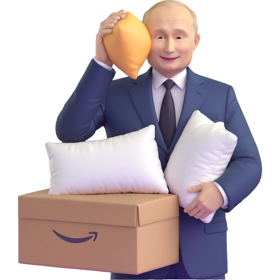 Vladimir Putin in a suit smiling and holding a memory foam pillow with an Amazon package next to him emoji