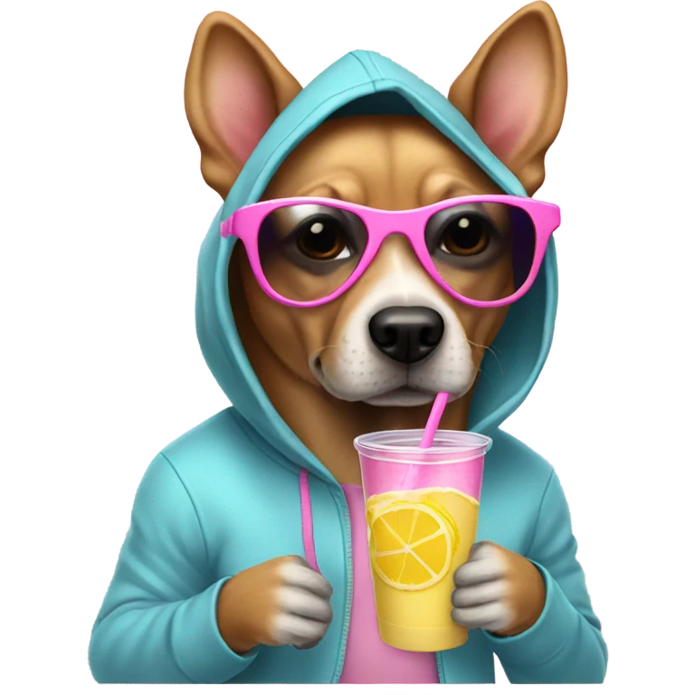 dog wearing a hoodie with pink sunglasses drinking lemonade emoji