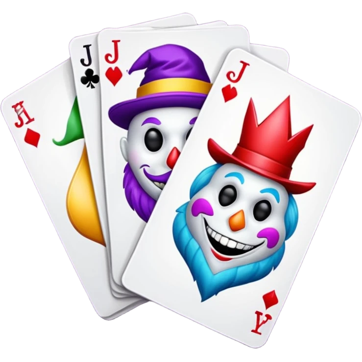 bunch of 3 poker cards, with crazy colorful jolly jokers inside, inversed face emoji
