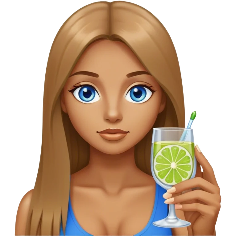 tan woman, long light brown straight hair, blue eyes, holding a shot with lime emoji