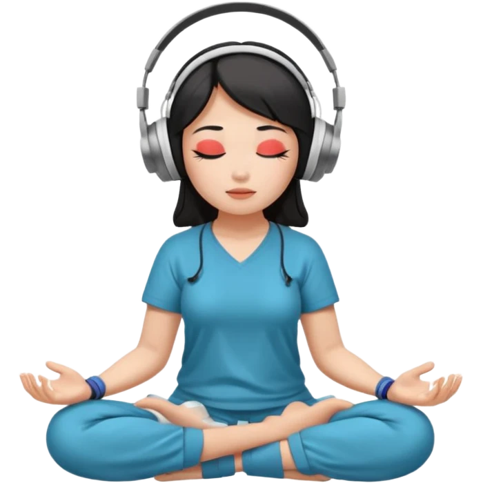An East Asian woman🧘🏻‍♀️ is sitting cross-legged in a meditation pose, wearing Apple headphones🎧 and listening to music. The song is so beautiful that she has her eyes closed and tears streaming down her face. emoji