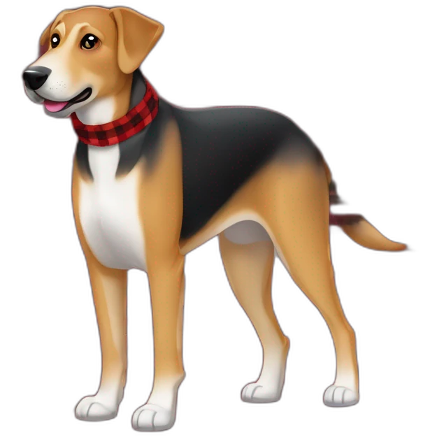 adult 75% Coonhound 25% German Shepherd mix dog with visible tail wearing small pointed red buffalo plaid bandana full body walking left quickly emoji