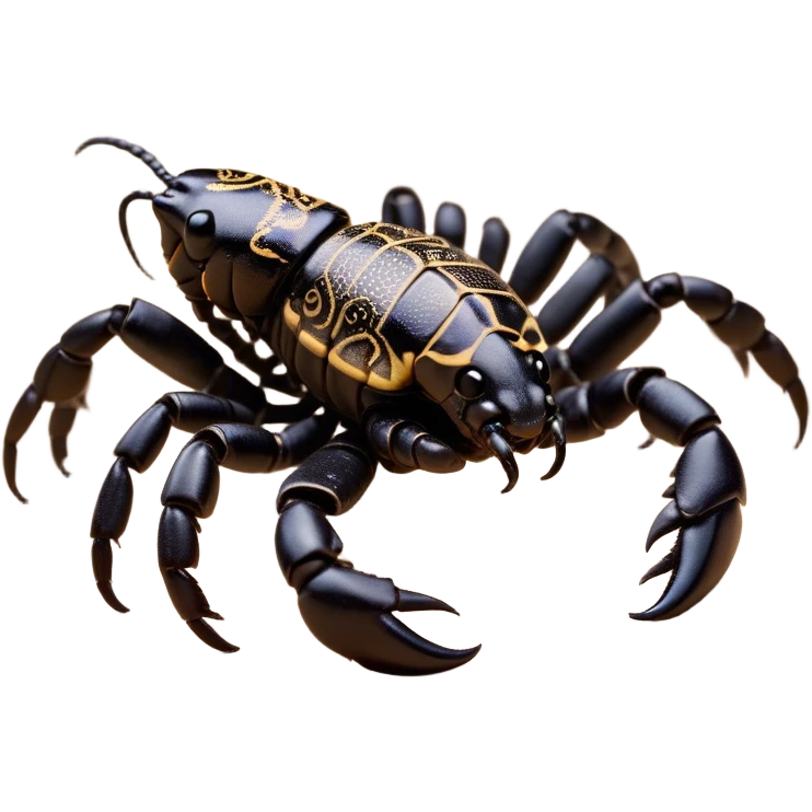 Cinematic Cute Emperor Scorpion Portrait Emoji, Head tilted playfully and inquisitively, with a compact, rugged build and a sleek, dark exoskeleton highlighted by delicate, intricate patterns and round, sparkling eyes full of curious defiance, Simplified yet irresistibly adorable features, highly detailed, glowing with a warm, friendly glow, high shine, affectionate and quirky, stylized with a touch of desert whimsy, soft glowing outline, capturing the essence of a mischievous yet endearing scorpion that feels like it could pinch its way out of the screen into your arms! emoji