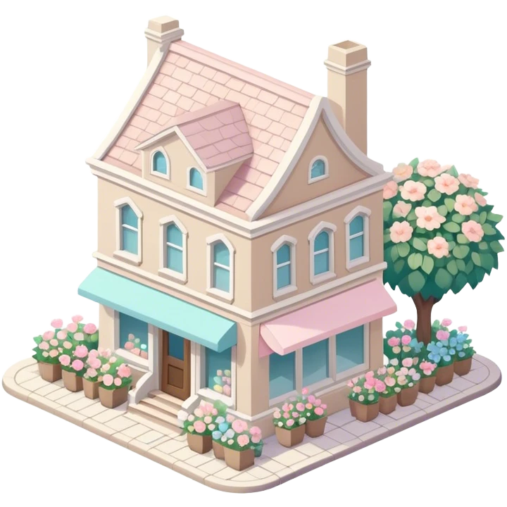 isometric exterior little beige and white bookshop with abundant pastel florals everywhere emoji