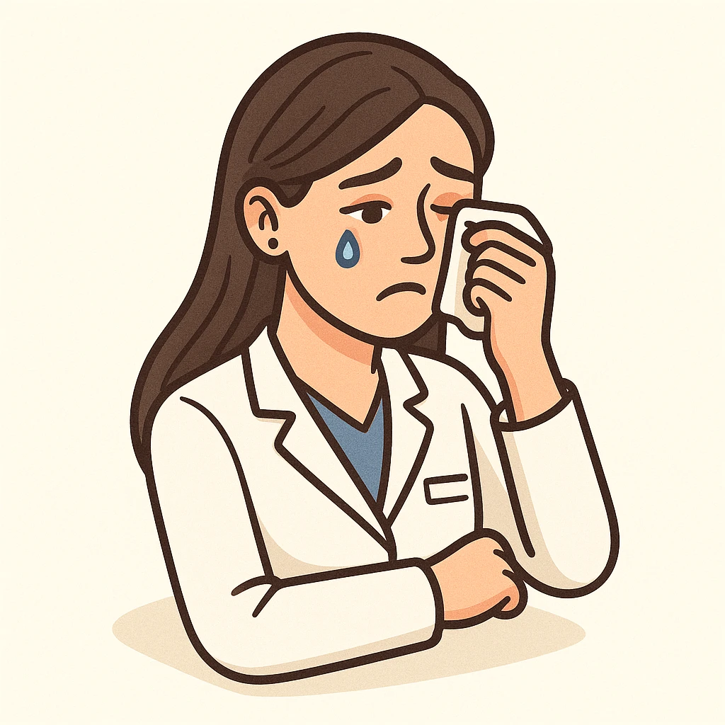 A 2D isometric style illustration of a female doctor with dark long straight hair, detailed brown eyes (not just dots), wearing a white coat, minimalist background, crying and wiping a tear, appearance as in the second previous variant. emoji