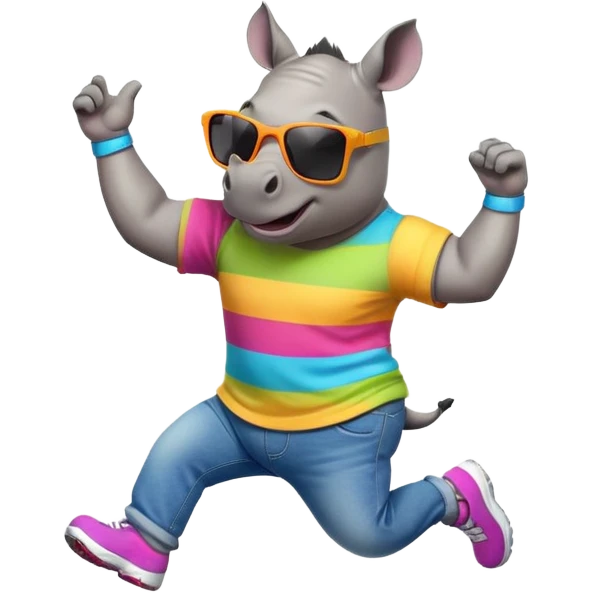 friendly anthropomorphised rhino in jeans and colourful t-shirt, wearing dark sunglasses, jogging upright, jumping with excitement, standard pose emoji