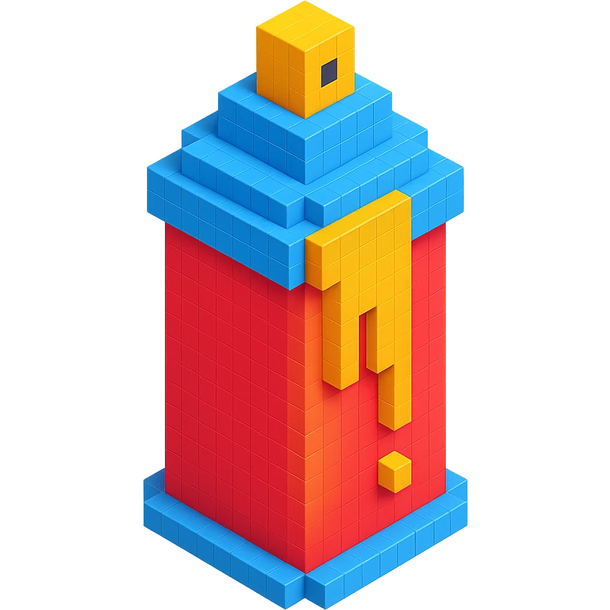isometric view of a spray paint can with gold paint in voxel style emoji