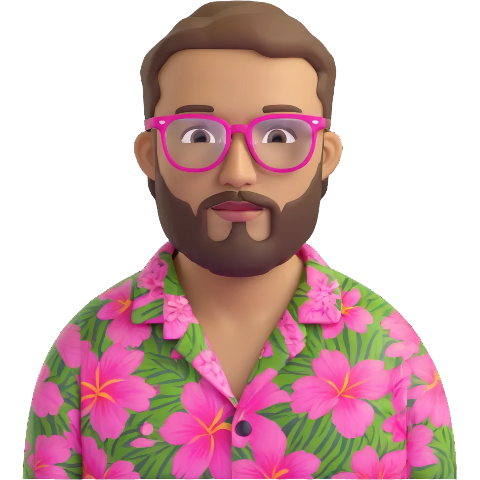 man with light skin tone, short light brown hair and beard, wearing a Hawaiian shirt and pink glasses emoji