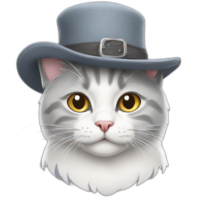 Grey and white Scottish cat wearing hat emoji