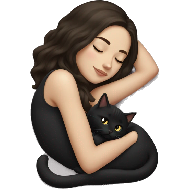 White girl dark brown hair sleeping with black kitty emoji